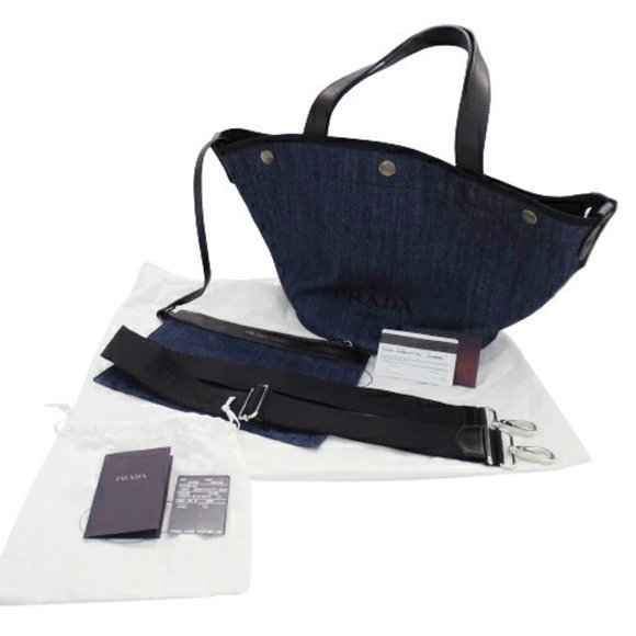 Prada PRADA Bag Women's Tote Shoulder 2way Denim Leather Navy Black 1BG244 - Picture 9 of 13